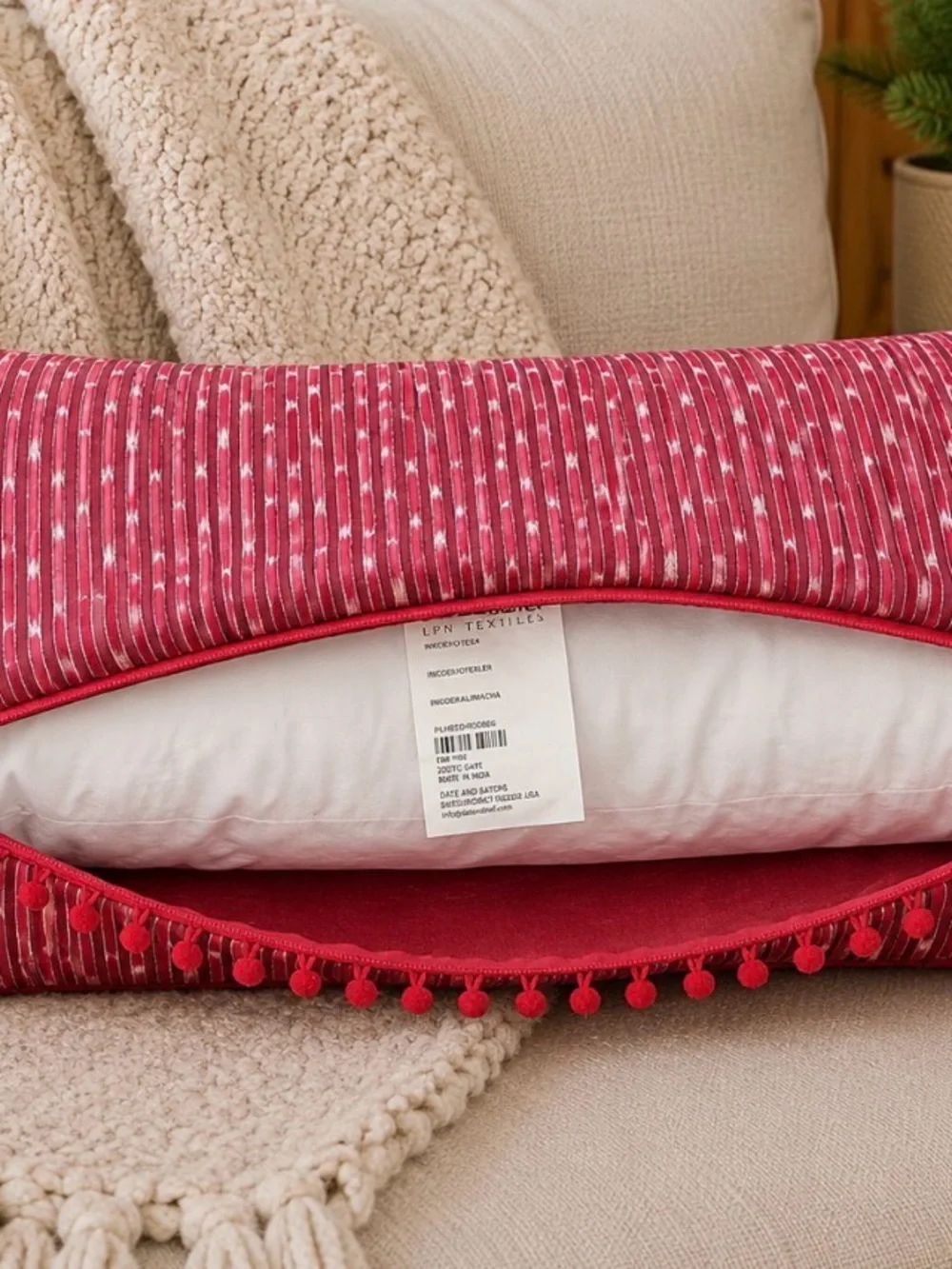 Crate & Barrel Winder Red Embroidered Feathered Christmas Pillow Santa Reindeer